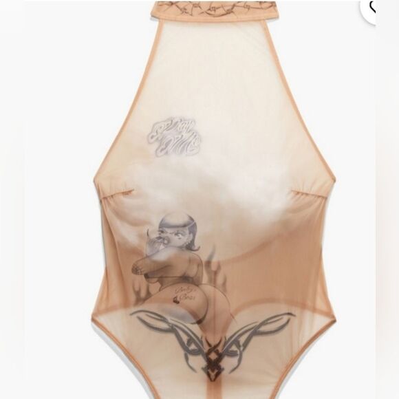 Savage Fenty Soto Girl Tattoo Tricot Thong Nude Chic Feminine Edgy Mesh Bodysuit - Picture 1 of 6